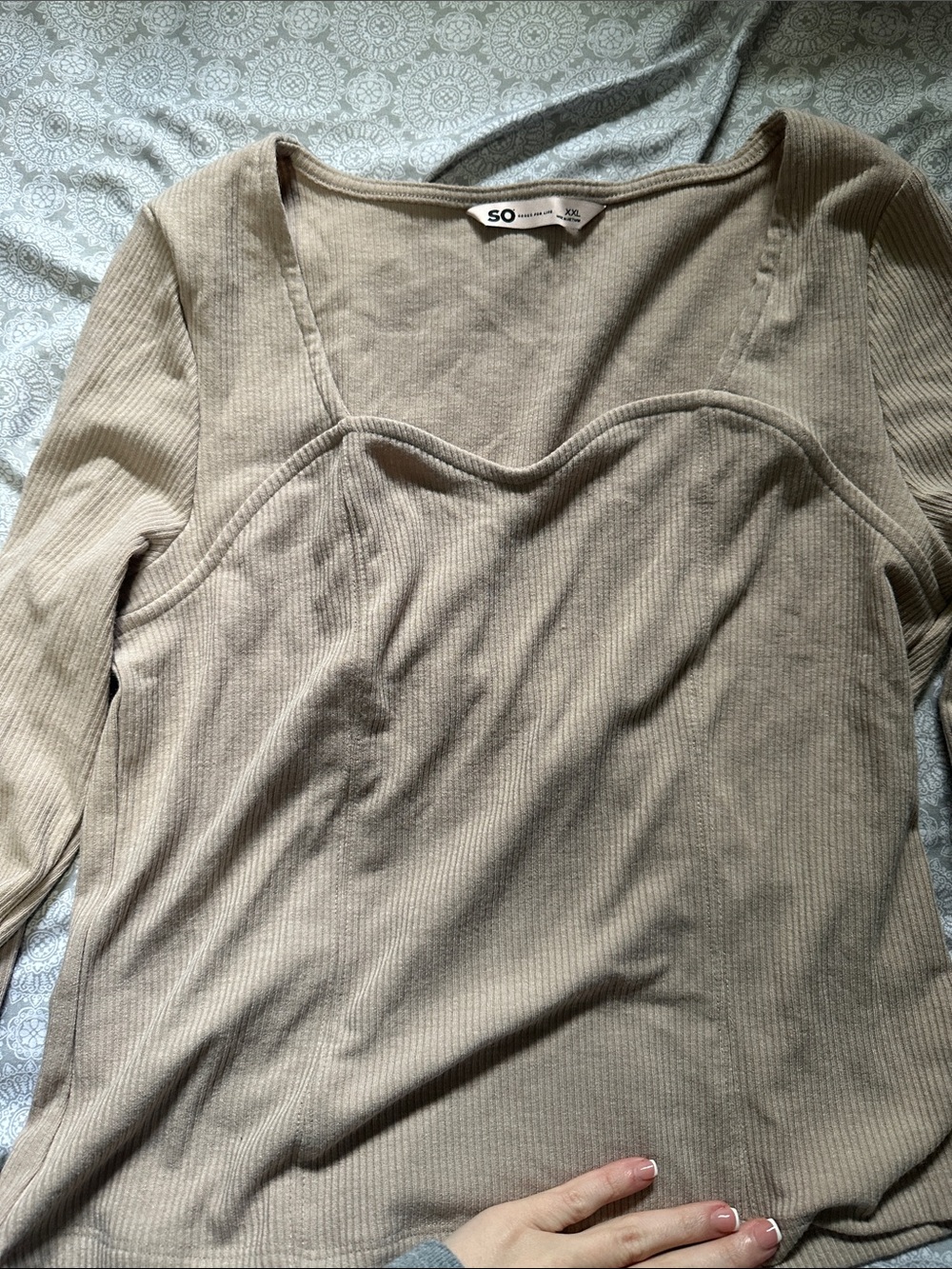 SO Taupe Ribbed Long-Sleeve Sweetheart Neck Top